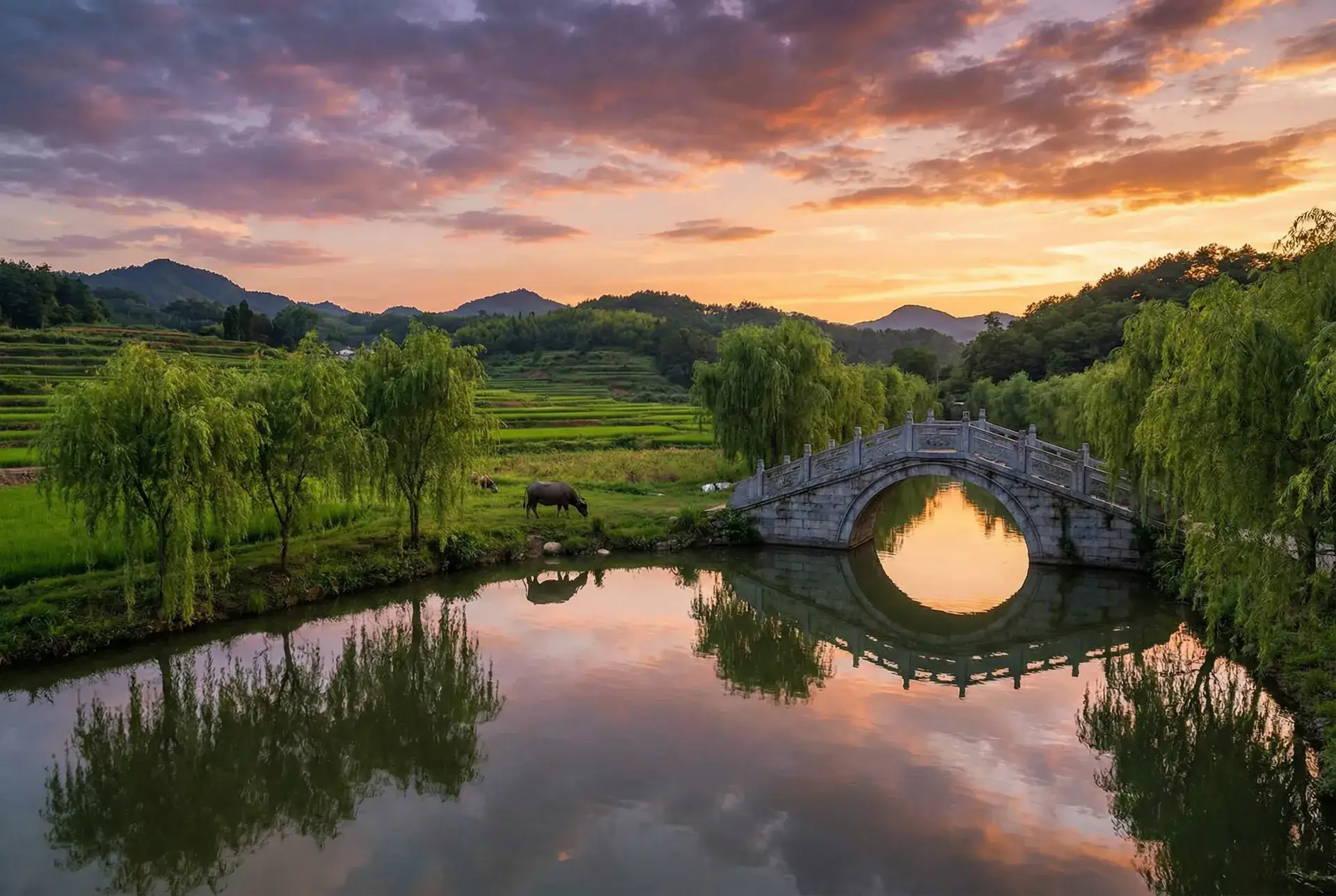 夕阳下的石拱桥与垂柳，水牛在河边吃草 - 从龙弄臣第一次 乡村美景